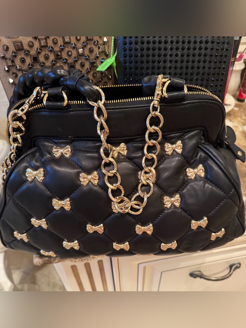 Betsey Johnson Black Quilted Bow-Accent Shoulder Bag with Gold Chain